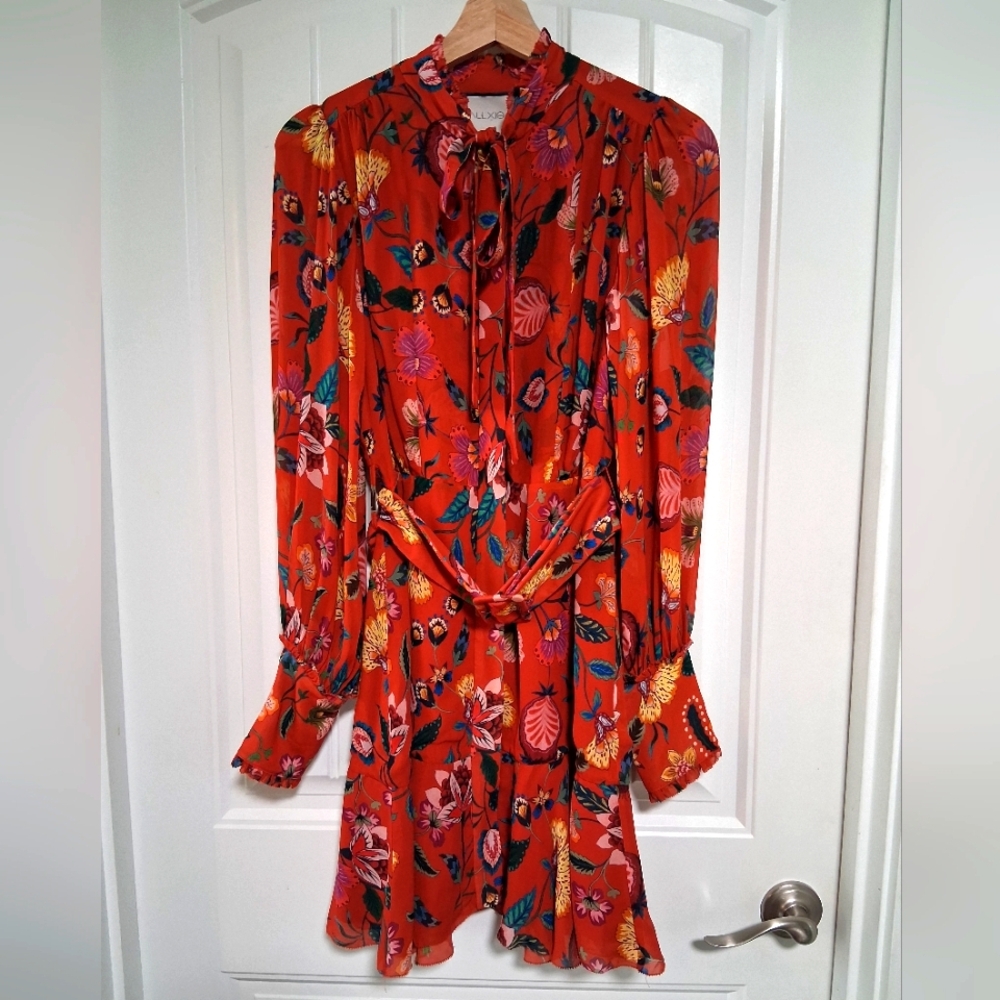 Cove Red Floral Tie-Neck Long Sleeve Dress